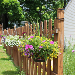 What D Hook Display Hooks each holding a hanging basket on fence posts.