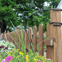 What D Hook Display Hook holding a hanging basket on fence post.